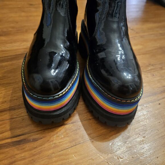 Kurt Geiger London Sz 37 Rainbow Birdie Platform Chelsea Boots Black Patent - Picture 6 of 10